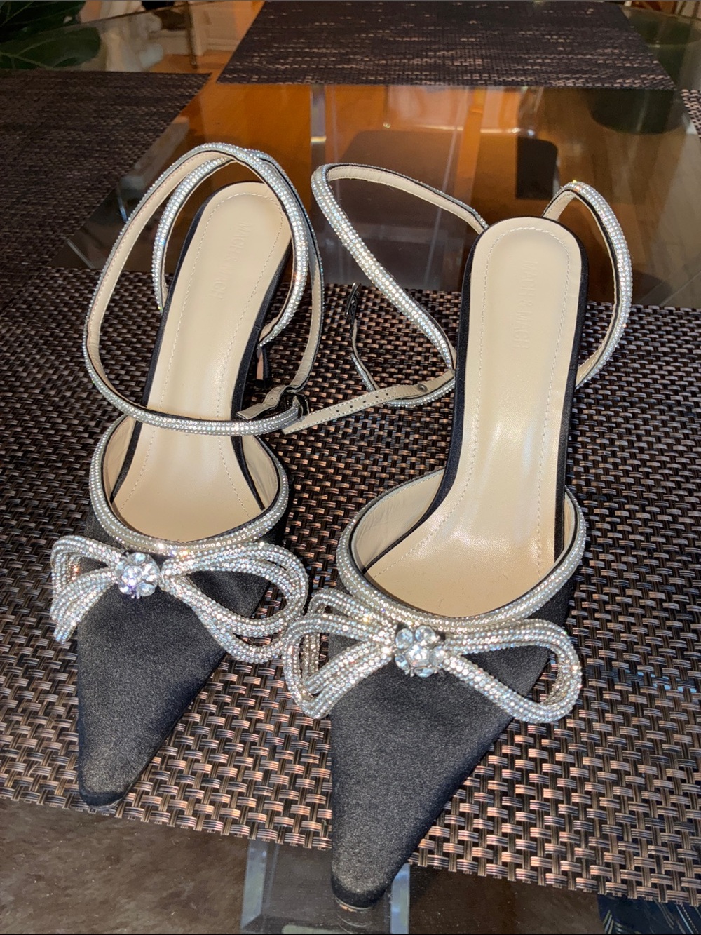 Mach & Mach Black Satin Pointed-Toe Crystal Bow Slingback Heels size 38